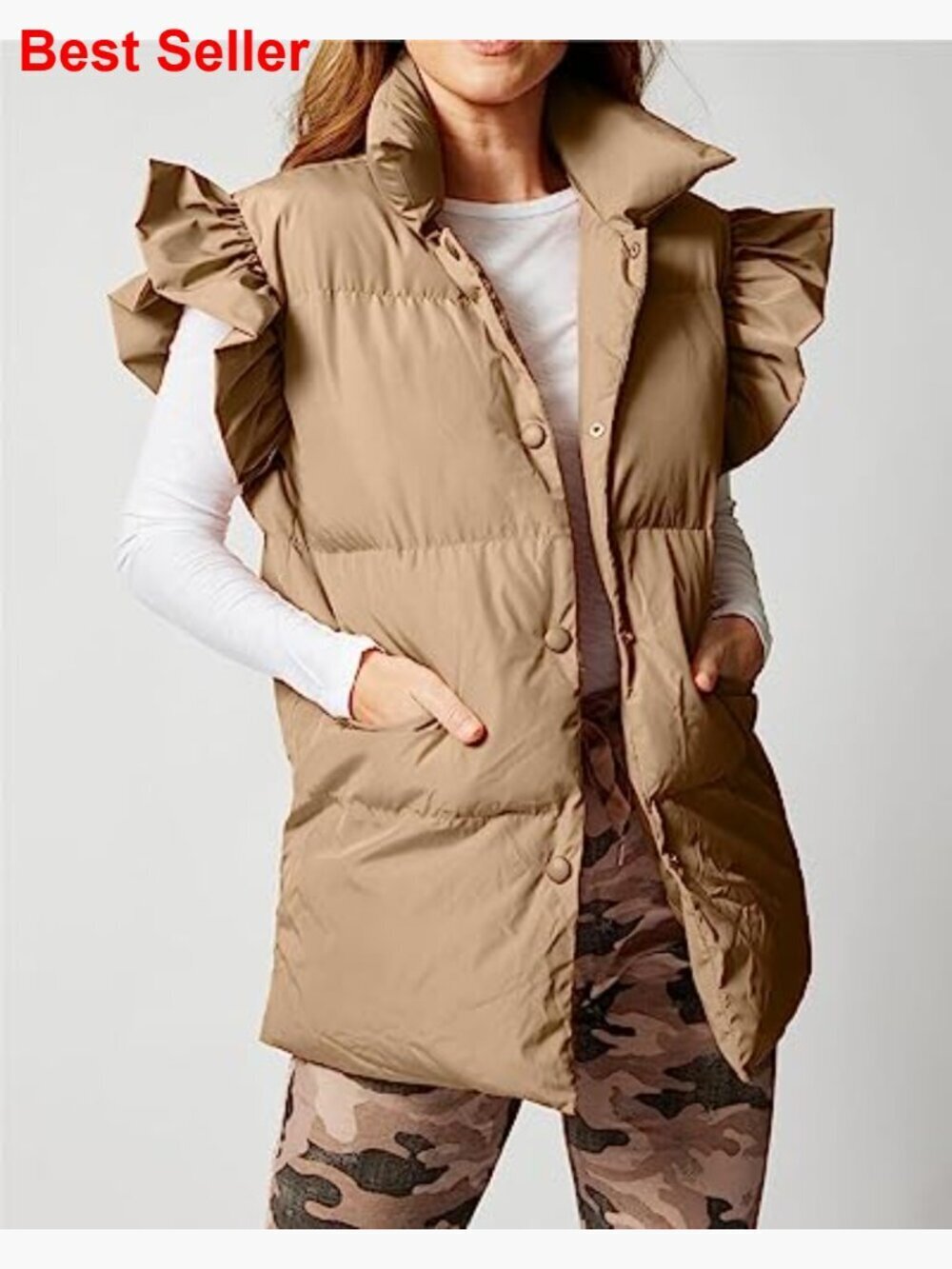 Polyester Puffer Vest with Ruffle Sleeves, Pockets, Button Down - Picture 2 of 7